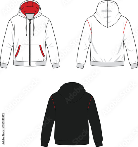 Front and back sketch of white and black hoodies, red stitching detail, fashion drawing for stylish men’s streetwear apparel design template