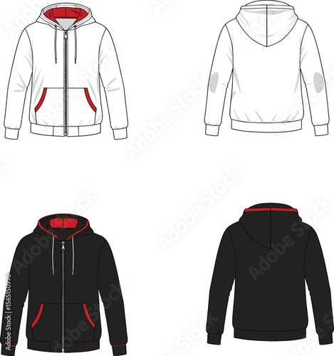 Front and back sketch of white and black hooded jackets, red accent details, casual fashion drawing for men’s stylish outerwear template concept