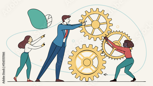 Modern Business teamwork concept with professionals collaborating through gears, symbolizing innovation, strategy, unity, productivity, support, and shared success