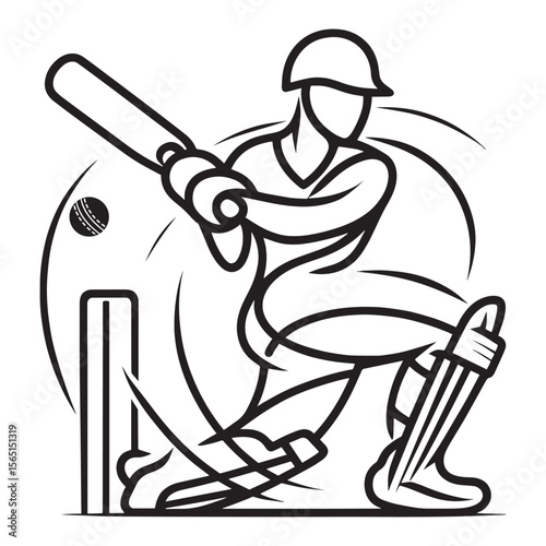 Cricket Player Swinging Bat Line Art Vector Illustration.