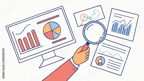 Vector Analyzing data with magnifying glass reveals insights from charts and graphs