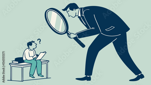 Business Oversight Concept – Manager Inspects Confused Employee with Magnifying Glass, Supervision, Pressure, Evaluation, Workplace Control