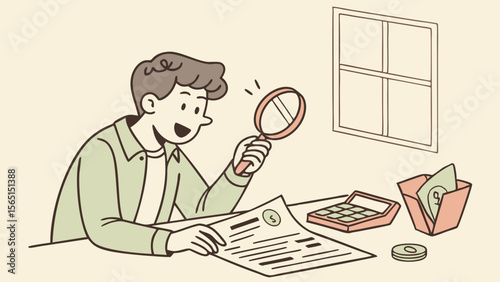 CVector artoon man examines tax form calculator with excitement and focus, analyzing details