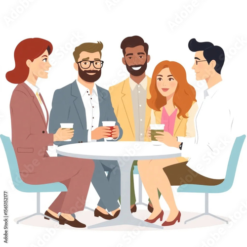 A group of six managers are enjoying a coffee break together. The group includes men and women of different ages and backgrounds.