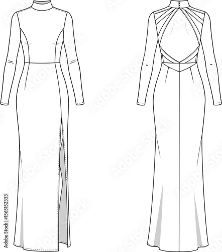 Elegant long sleeve evening gown dress with high neck side slit and open back strappy detail flat technical cad vector illustration