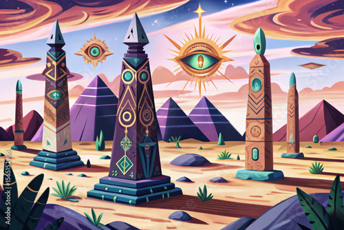 Wander through a sun-scorched desert dotted with arcane obelisks and ancient runes mystical remnants of a lost civilization in a haunting fantasy world setting