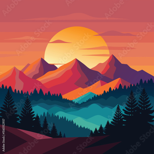 Stunning Sunset Over Layered Mountain Range with Pine Forest and Vibrant Hues