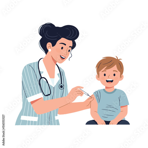 A nurse administering a vaccine to a young boy, both smiling in a medical setting.