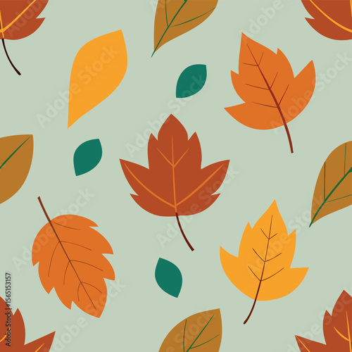 Seamless Autumn Fall Leaves Pattern on Soft Green Background with Various Shapes