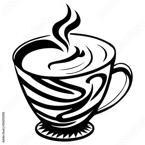 An elegant black and white line art illustration of a steaming hot cup, featuring decorative swirls and a classic design perfect for cafes and beverage themes.