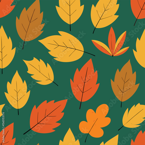 Seamless Autumn Fall Leaves Pattern on Dark Green Background with Orange and Yellow Hues