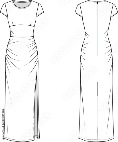 Elegant ruched side slit maxi dress flat sketch, front back technical cad drawing, fitted short sleeve vector fashion illustration template