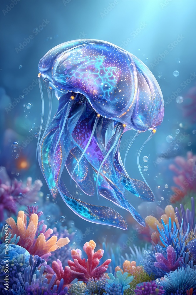 Naklejka premium Islands in the sky featuring enormous see-through beings and glowing plants in 8K resolution, tailored for thumbnails on streaming services, futuristic beauty advertisements, and interactive art