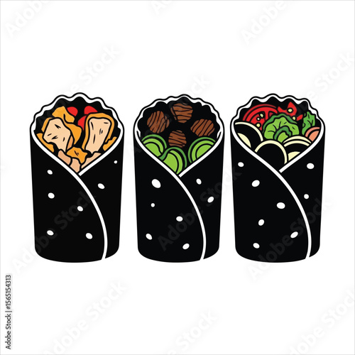 Three delicious burritos with various fillings on a white background