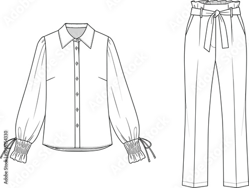 Front view blouse with gathered cuff tie sleeve paperbag waist pants fashion technical flat vector cad drawing sketch line art illustration