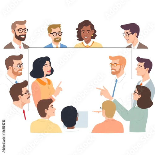 A group of ten managers are taking part in a virtual team lunch. Everyone is contributing ideas, and a few are pointing at the board or screen.