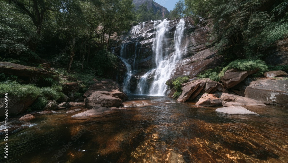 Fototapeta premium A picturesque tropical rainforest landscape is dominated by a calm waterfall