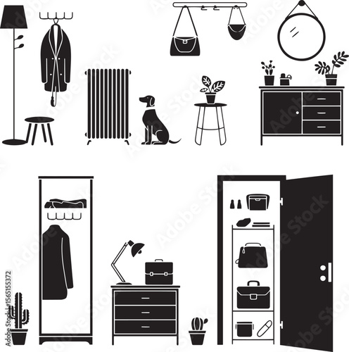 Collection of black silhouette icons representing home interior elements and decor