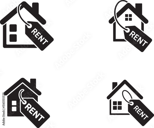 Four black house icons with rent tags hanging from the roofline