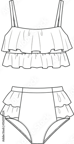 Girls layered ruffle bikini swimsuit front view cad drawing flat vector illustration, kids swimwear fashion technical sketch design template for Adobe Stock