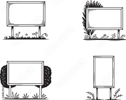 Collection of four hand drawn blank signboards with decorative elements and plants