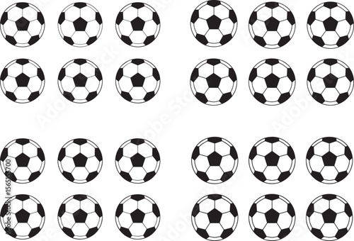 Seamless pattern of black and white soccer balls on a white background