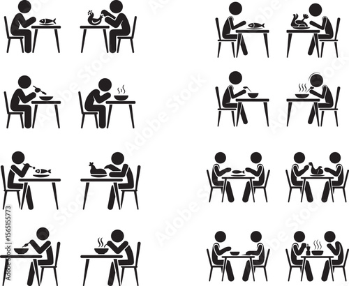 Pictogram people eating meals at tables alone and with others
