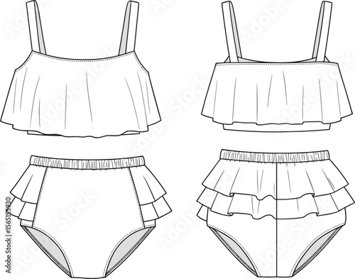 Girls ruffle bikini swimsuit front back view cad drawing flat vector illustration, swimwear fashion technical sketch design template for Adobe Stock