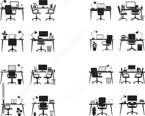 Collection of modern home office desk setups with computers chairs and lamps