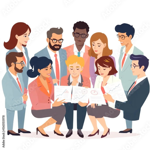 A group of nine staff are analyzing quarterly reports. They are dressed in business attire and seem engaged in the conversation.