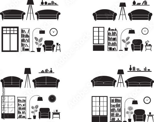 Living room furniture arrangements with sofas armchairs lamps bookshelves and decor