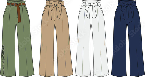 High Waist Wide Leg Women’s Pants Trousers with Tie Belt Buckle Fashion CAD Technical Flat Sketch Multi Color Vector Garment Illustration