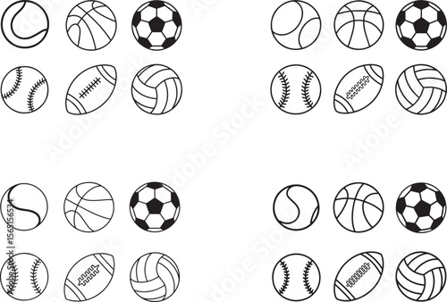 Collection of outline style sports balls including soccer basketball baseball football volleyball