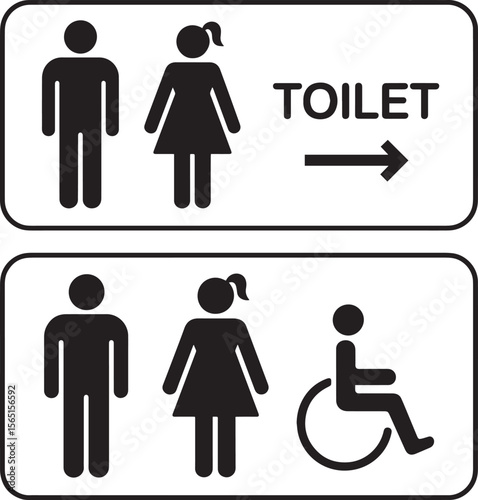Male female and accessible restroom signs with directional arrow