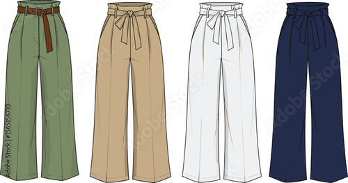 High Waist Wide Leg Women’s Trousers with Tie Belt and Buckle Fashion CAD Technical Flat Sketch Multi Color Vector Garment Illustration