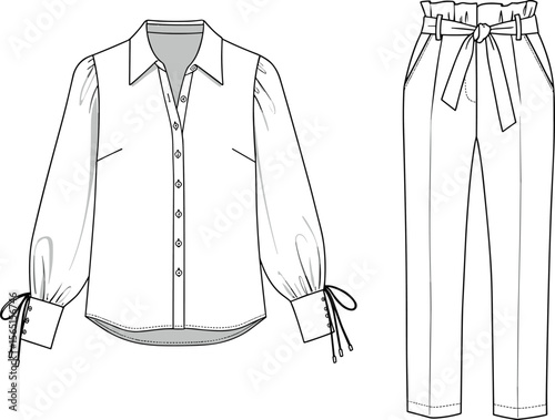 Long sleeve blouse front view technical sketch with button placket cuffs tie waist pants pocket flat vector fashion cad drawing