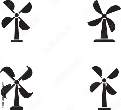 Four black icons of wind turbines on a white background representing renewable energy