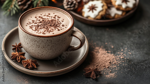 Christmas cup of hot cocoa with cocoa powder topping on rustic plate, star anise, and festive cookies in background. Warm cozy holiday drink.