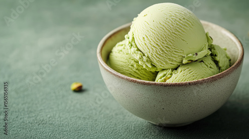 Green pistachio ice cream scoops in a ceramic bowl on a green textured surface. Delicious dessert with creamy texture. Sweet treat.