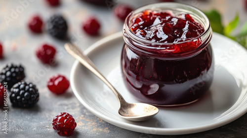 Glass jar of dark berry jam on white plate with spoon, surrounded by fresh blackberries and raspberries. Sweet homemade preserve.