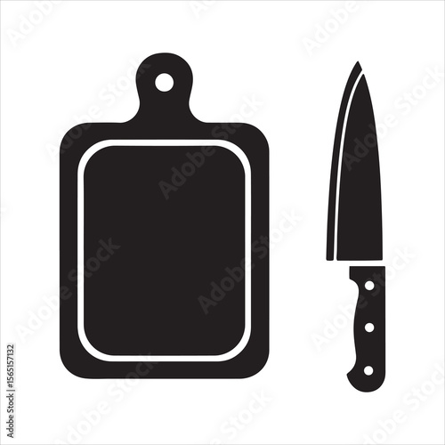 Simple black silhouette of a chef knife and cutting board