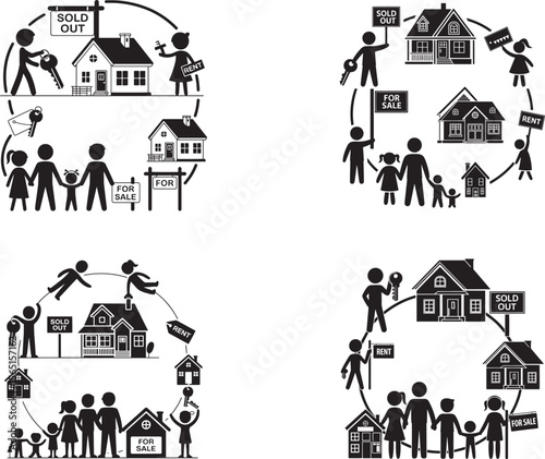 Black and white stick figure families buying selling and renting houses
