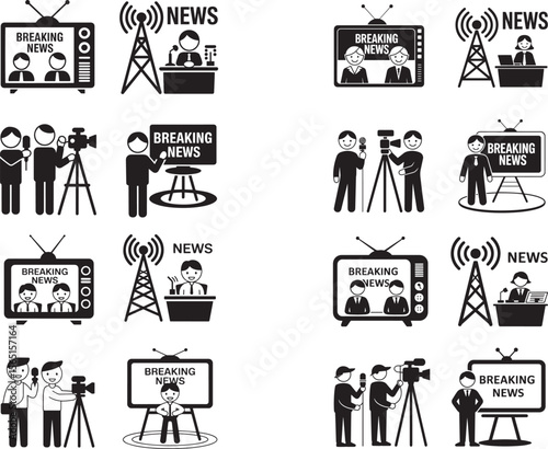 Collection of stick figure icons representing breaking news broadcasting and journalism
