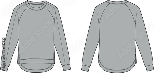Long sleeve casual crew neck sweatshirt side zip hem ribbed cuffs technical flat sketch front back detailed cad vector illustration design