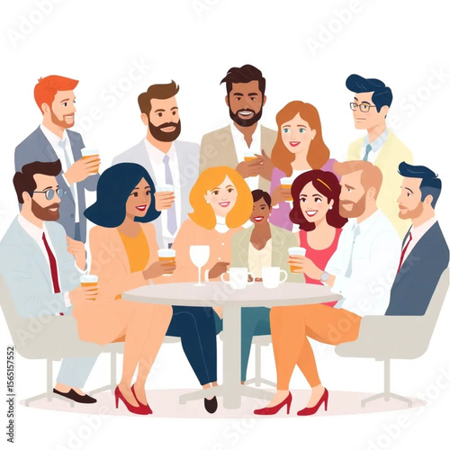 A large team of twelve consultants are enjoying a coffee break together. The group includes men and women of different ages and backgrounds.