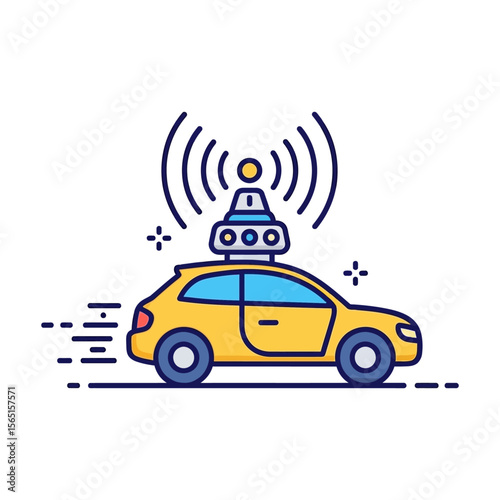 A yellow autonomous vehicle with a sensor array transmitting data.