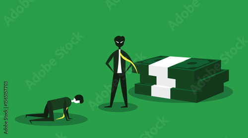 prostrate workers. evil and greedy boss. a rich boss who is mean to his subordinates. workers who ask for forgiveness from their superiors. simple minimalist vector design
