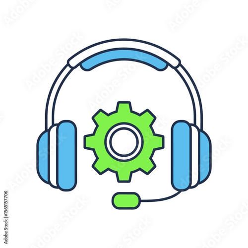A stylized illustration of headphones positioned above a green gear, representing technical support.
