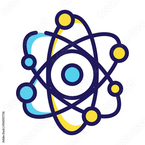 Stylized illustration of an atom with orbiting electrons, depicted in vibrant blue and yellow.