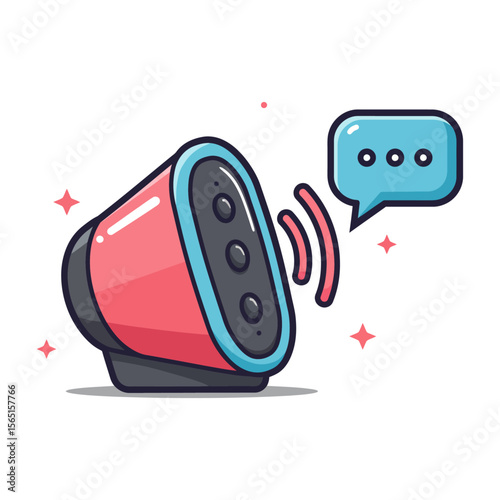 A stylized illustration of a smart speaker emitting a speech bubble, showcasing voice-activated technology.